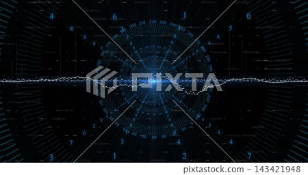 Displaying bright blue node and centered dotted waveform pulsing in VR HUD with concentric rings Displaying bright blue node and centered dotted waveform pulsing in VR HUD with concentric rings 143421948