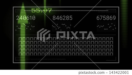 Displaying HUD panel with three readouts and waveforms on black, green scanline marking left column Displaying HUD panel with three readouts and waveforms on black, green scanline marking left column 143422001