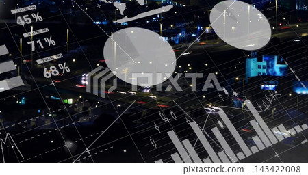 Displaying data overlay over urban roadway at night, showing nodes, charts, percentage labels Displaying data overlay over urban roadway at night, showing nodes, charts, percentage labels 143422008