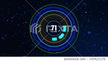Showing circular HUD gauge with 71 PERCENT, cyan segments, glowing rings in dark blue field 143422170