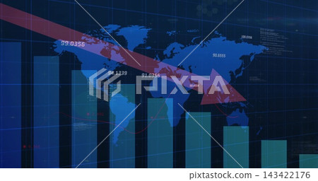 Displaying red downward arrow and tall bar chart declining on world map dashboard, numeric labels Displaying red downward arrow and tall bar chart declining on world map dashboard, numeric labels 143422176