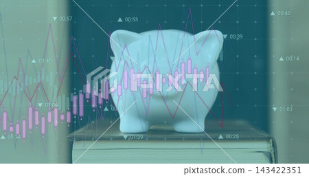 Showing ceramic piggy bank sitting on closed book on desk, overlaying candlestick lines and times Showing ceramic piggy bank sitting on closed book on desk, overlaying candlestick lines and times 143422351