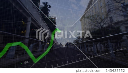 Displaying green financial arrow over urban ramp at pedestrian walkway, silhouetted people in coats Displaying green financial arrow over urban ramp at pedestrian walkway, silhouetted people in coats 143422352