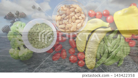 Overlaying double exposure produce over ocean horizon, showing broccoli, pepitas, berries Overlaying double exposure produce over ocean horizon, showing broccoli, pepitas, berries 143422358