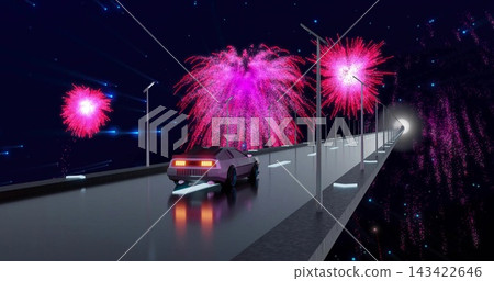 Driving retro sports car with glowing taillights on wet bridge toward bright tunnel, magenta bursts Driving retro sports car with glowing taillights on wet bridge toward bright tunnel, magenta bursts 143422646