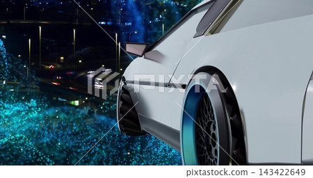 Showing white sports car rear quarter gleaming on urban overpass, with teal-blue rim, flared fender Showing white sports car rear quarter gleaming on urban overpass, with teal-blue rim, flared fender 143422649