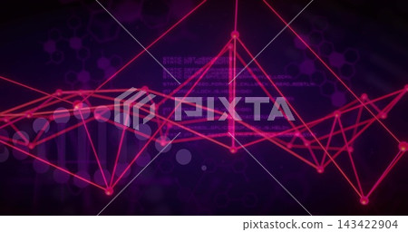 Glowing magenta network graph forming triangular mesh and waveform peaks in data display with DNA Glowing magenta network graph forming triangular mesh and waveform peaks in data display with DNA 143422904