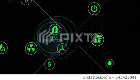 Displaying central HUD labeled DATA PROTECTION with house and wind-turbine on dark grid, neon icons Displaying central HUD labeled DATA PROTECTION with house and wind-turbine on dark grid, neon icons 143423041