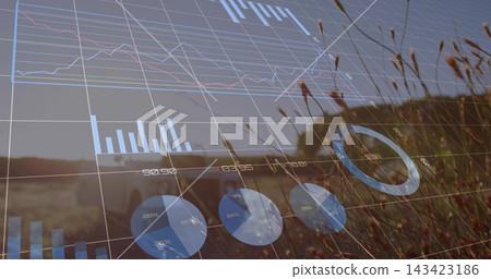 Displaying translucent data overlay covering rural land in warm late sun, with pickup and grasses Displaying translucent data overlay covering rural land in warm late sun, with pickup and grasses 143423186