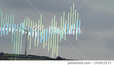 Showing semi-transparent waveform overlaying wind turbine on rural hillside, with hedgerows 143423271