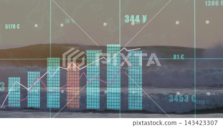 Displaying translucent vertical bar chart spanning shoreline, with two line graphs and ocean waves Displaying translucent vertical bar chart spanning shoreline, with two line graphs and ocean waves 143423307