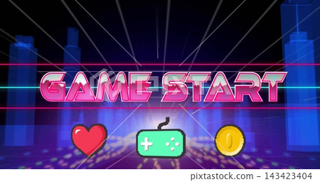 Displaying large neon GAME START title dominating virtual stage, featuring pixel heart gamepad coin Displaying large neon GAME START title dominating virtual stage, featuring pixel heart gamepad coin 143423404