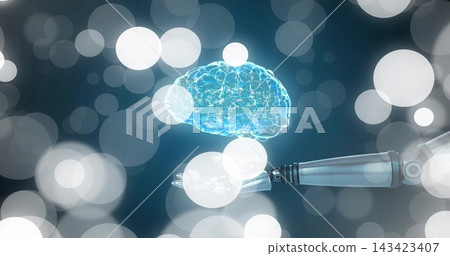 Displaying holographic brain hovering above metallic robotic forearm at lab, with bokeh lights Displaying holographic brain hovering above metallic robotic forearm at lab, with bokeh lights 143423407