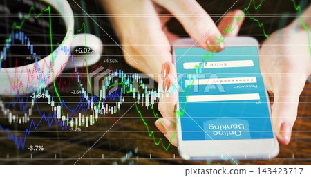 Tapping red nails holding phone at wooden table, viewing banking login and market charts, coffee 143423717