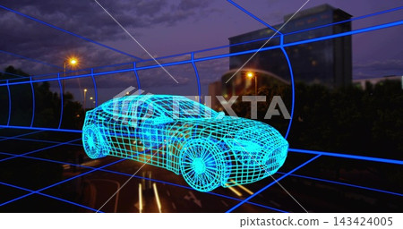 Hovering cyan wireframe car model floating above multi-lane road at night, showing blue tunnel grid Hovering cyan wireframe car model floating above multi-lane road at night, showing blue tunnel grid 143424005
