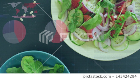 Displaying large white salad bowl sitting on dark tabletop, with teal bowl and infographic overlays Displaying large white salad bowl sitting on dark tabletop, with teal bowl and infographic overlays 143424294