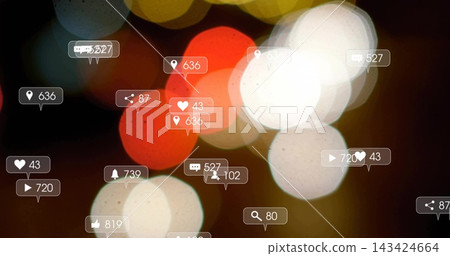 Floating blurred bokeh cluster overlaying dark backdrop, showing heart comment bell badges 143424664