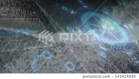 Displaying aerial view of churning ocean surf at shoreline, with HUD, waveforms, markers Displaying aerial view of churning ocean surf at shoreline, with HUD, waveforms, markers 143424894