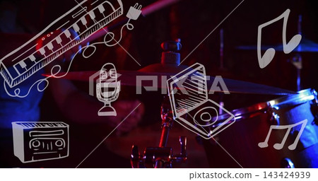 Highlighting close-up cymbal and drum shell on small stage, reflecting red and blue lights, doodles Highlighting close-up cymbal and drum shell on small stage, reflecting red and blue lights, doodles 143424939