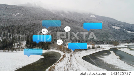 Floating speech-bubble cluster hovering over snowy mountain valley with meandering river, red cabin Floating speech-bubble cluster hovering over snowy mountain valley with meandering river, red cabin 143425727