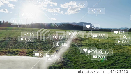 Traveling winding dirt path with small vehicle moving toward distant tree line, with AR overlays Traveling winding dirt path with small vehicle moving toward distant tree line, with AR overlays 143425910