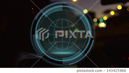 Projecting translucent cyan-blue HUD overlay on windshield at night, with globe icon and bokeh Projecting translucent cyan-blue HUD overlay on windshield at night, with globe icon and bokeh 143425968
