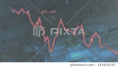 Showing neon-pink wavy chart overlay cutting over pond, label 65 Showing neon-pink wavy chart overlay cutting over pond, label 65 143426243