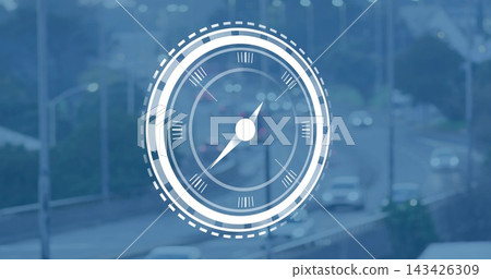 Displaying white circular compass HUD overlaying center of blurred highway, showing cars 143426309