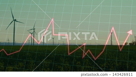 Running red jagged trend line overlaying row of wind turbines across rural grassy field, cyan grid Running red jagged trend line overlaying row of wind turbines across rural grassy field, cyan grid 143426911