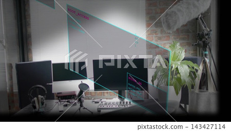 Showing compact studio desk with condenser mic, boom mic, 3 monitors in loft with AR overlays Showing compact studio desk with condenser mic, boom mic, 3 monitors in loft with AR overlays 143427114