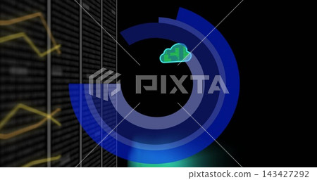 Showing blue ring chart pulsing in server rack area, with LEDs, yellow graphs, neon cloud Showing blue ring chart pulsing in server rack area, with LEDs, yellow graphs, neon cloud 143427292