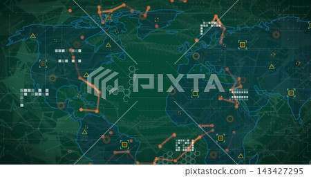 Displaying world map tracking orange path nodes on HUD with pixels, targets, hex motifs 143427295