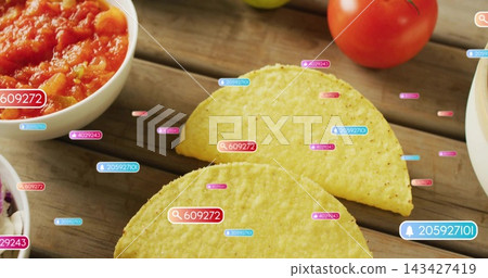 Showing two yellow corn shells overlapping on wood table, with salsa bowl slaw tomato-lime UI tags Showing two yellow corn shells overlapping on wood table, with salsa bowl slaw tomato-lime UI tags 143427419