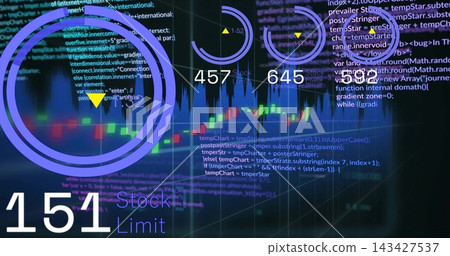 Displaying financial dashboard with candlestick chart, glowing trendline and HUD 143427537