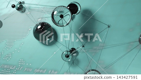 Forming glossy glass spheres and hollow ring nodes across studio teal plane, dotted map, copy space Forming glossy glass spheres and hollow ring nodes across studio teal plane, dotted map, copy space 143427591