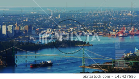 Spanning green suspension bridge across harbor from elevation, showing cargo ship, cranes and HUD Spanning green suspension bridge across harbor from elevation, showing cargo ship, cranes and HUD 143427686