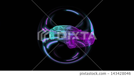 Floating wireframe car model rotating inside glowing sphere in dark studio, with cyan magenta bands 143428046