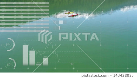 Paddling pair in red yellow kayaks wearing PFDs with paddles, gliding over calm lake, HUD data 143428053