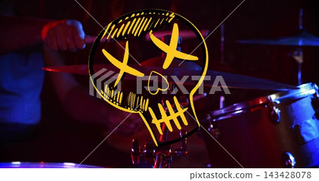 Showing yellow skull overlay hovering over drum kit on stage, drummer in short-sleeve blue shirt Showing yellow skull overlay hovering over drum kit on stage, drummer in short-sleeve blue shirt 143428078