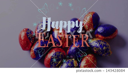 Displaying foil-wrapped Easter eggs glinting on mauve-gray tabletop, Happy EASTER and teal doodles Displaying foil-wrapped Easter eggs glinting on mauve-gray tabletop, Happy EASTER and teal doodles 143428084