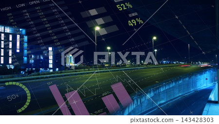 Curving elevated highway featuring light trails, retaining wall at night, with magenta charts 143428303