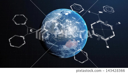 Floating Earth globe showing clouds and lands in navy grid space, with wireframe chemical diagrams Floating Earth globe showing clouds and lands in navy grid space, with wireframe chemical diagrams 143428366
