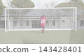Balancing male soccer player in red striped uniform controlling ball on turf with goalposts 143428401