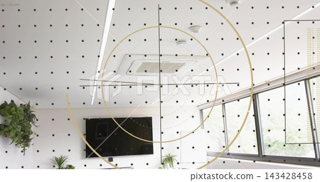 Displaying concentric gold rings and dotted grid across office with TV, vent, lights, windows Displaying concentric gold rings and dotted grid across office with TV, vent, lights, windows 143428458