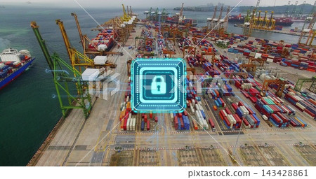 Showing aerial container terminal with gantry cranes, stacked containers at quay, neon-blue padlock Showing aerial container terminal with gantry cranes, stacked containers at quay, neon-blue padlock 143428861