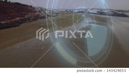 Displaying HUD overlay over wet sand shoreline at low tide, revealing rocky headland Displaying HUD overlay over wet sand shoreline at low tide, revealing rocky headland 143429053