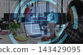 Typing man in checkered shirt working on open laptop at shared desk, cybersecurity HUD, copy space 143429095