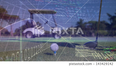 Balancing white golf ball on blue tee at tee area, with driver head and data overlays Balancing white golf ball on blue tee at tee area, with driver head and data overlays 143429142