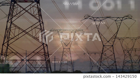 Stretching lattice power towers spanning corridor at dusk, with insulators and ghosted face overlay Stretching lattice power towers spanning corridor at dusk, with insulators and ghosted face overlay 143429150