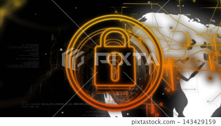 Displaying neon orange padlock icon sitting at center in cyberspace, radiating rings with map nodes Displaying neon orange padlock icon sitting at center in cyberspace, radiating rings with map nodes 143429159